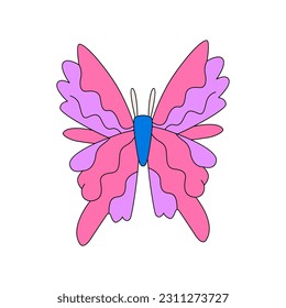 Groovy and funky retro butterfly. Colorful vector illustration on isolated background. Retro hippie aesthetic 60s, 70s style