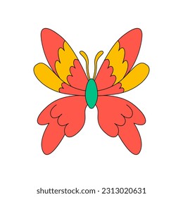 Groovy and funky retro butterfly. Colorful vector illustration on isolated background. Retro hippie aesthetic 60s, 70s style