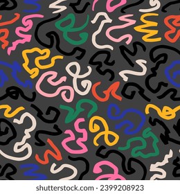 Groovy funky seamless pattern in trendy retro cartoon style. Vector background with wavy and spiral elements.