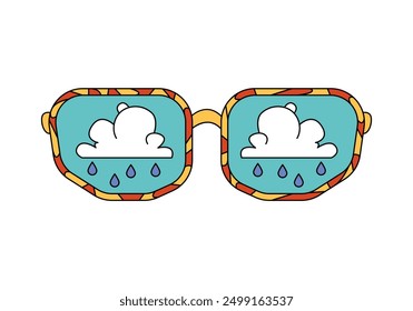 Gafas de sol funky Groovy con la lluvia de las nubes en la Ilustración vectorial de cristal azul
