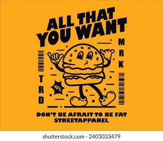 Groovy funky vector burger mascot illustration cartoon style, retro and trendy graphic design for fashion wear, street wear, clothing line, apparel and urban style t shirt design, hoodies, etc.