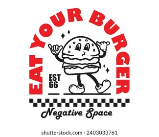 Groovy funky vector burger mascot illustration cartoon style, retro and trendy graphic design for fashion wear, street wear, clothing line, apparel and urban style t shirt design, hoodies, etc.