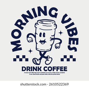 Groovy funky vector of coffee cup mascot illustration cartoon style, retro and trendy graphic design.