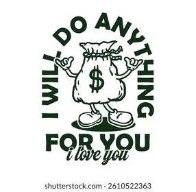 Groovy funky vector of sack of money mascot illustration cartoon style, retro and trendy graphic design. Fun funky vector money mascot for streetwear design concept.
