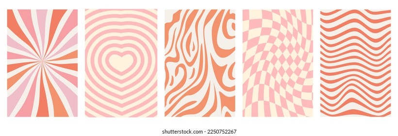 Groovy funky vintage backgrounds. Valentine day. Romantic contemporary hippie love posters. Set of simple abstract groovy background in trendy retro 60s 70s style. Vector illustration.