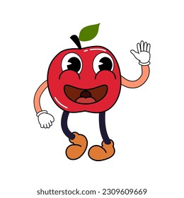 Groovy funny apple cartoon character, vintage hippie 70s. Doodle comic bright character