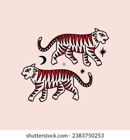 Groovy funny asian cat tigers Japanese doodles. Beautiful wild cats, contour animals. Square vector illustration card.