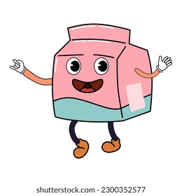 Groovy funny cardboard package cartoon character, vintage hippie 70s. Doodle comic bright character