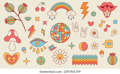 Groovy Funny Cartoon Flower, Rainbow, Sign of Peace, Eye, Lips, Mushroom, Daisy. Stickers in trendy retro style. Hippie 70s Set Vector illustration. . 