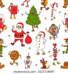 Groovy funny Christmas characters seamless pattern with Santa, snowman, Christmas tree, disco ball, bauble, red mug and reindeer with candy cane. Cartoon vector festive and holiday tile or wrappingV