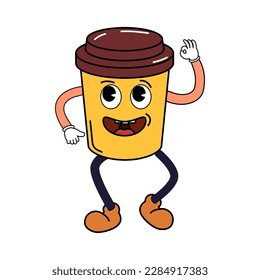 Groovy funny cup of coffee cartoon character, vintage hippie 70s. Doodle comic bright character