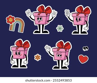 Groovy Funny Gift Box Character Sticker Set with Different Emotions. Character Box with Bow in Cartoon Style. Valentine's Day, Birthday, Christmas Concepts. Fashion Retro Styles 60's 70's Emoji