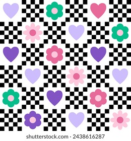 Groovy funny happy seamless pattern with flower, daisy, heart and black chess pixel on a white background. Lilac and green colors. Trendy hippie texture for surface design. Fabric, textile, print.