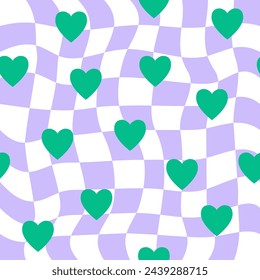 Groovy funny happy seamless pattern with hearts and chess on a white background. Lilac, orange and green colors. Trendy hippie texture for surface design. Fabric, textile, print.