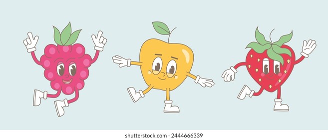 Genial divertido, feliz fresa, frambuesa, manzana. Vector de moda colección de frutas modernas. Personajes de dibujos animados felices, mascotas.