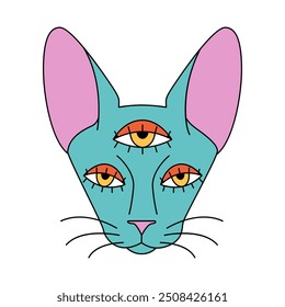 Cabeza divertida Groovy del gato psicodélico azul con la Ilustración vectorial de tres ojos