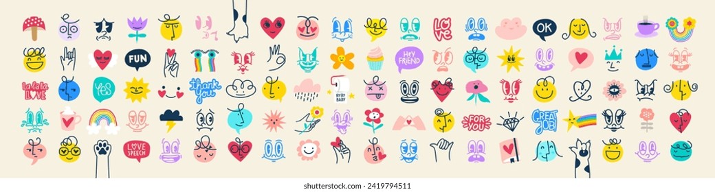 Groovy Funny Love sticker set. Cartoon Characters and Lettering in Different Styles. Happy valentine's day concepts. Trendy retro 60s 70s style emoji snd Templates. Full Vector Illustrations