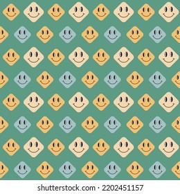 Groovy funny pattern. Seamless trendy retro 60s 70s background with smiles. Good vibes concept. Flat vector illustration. Repeat vintage pattern.