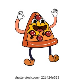 Groovy funny pizza slice cartoon character, vintage hippie 70s. Doodle comic bright character