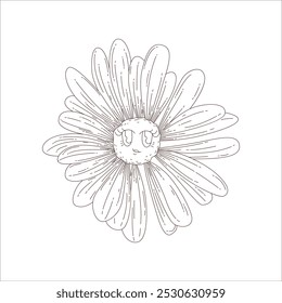 Groovy personagem de flor psicodélico engraçado com ilustração de vetor de rosto tímido bonito