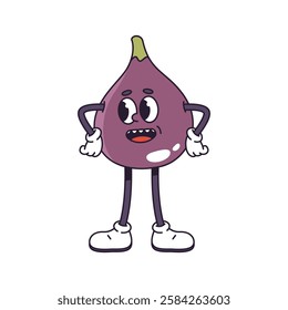 Groovy and funny retro fruit character with talking facial expression. Vector isolated ripe fig standing holding arms on sides, confused or puzzled pose and expressive face of comic mascot