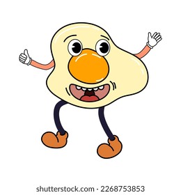 Groovy funny scrambled eggs cartoon character, vintage hippie 70s. Doodle comic bright character