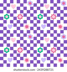 Groovy funny seamless pattern with flower, daisy, heart and chess pixel on a white background. Lilac and green colors. Trendy hippie texture for surface design. Fabric, textile, print. 