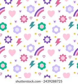 Groovy funny seamless pattern with flower, daisy, heart, star and rainbow on a white background. Lilac and green colors. Trendy hippie texture for surface design, fabric, print.