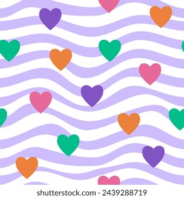 Groovy funny seamless pattern with hearts and wave on a white background. Lilac, orange and green colors. Trendy texture for surface design. Fabric, textile, print.