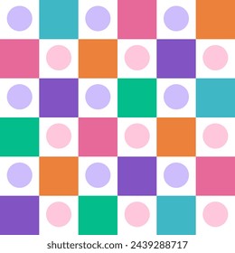 Atractivo divertido patrón sin fisuras con lunar y arcoiris de ajedrez sobre un fondo blanco. Colores lila y verde. Textura de moda para el diseño superficial, tela, textil, impresión.