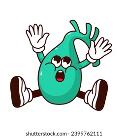 Groovy gallbladder cartoon character with surprise expression. Funny human internal organ with green gall and shock on face, retro cartoon gallbladder mascot, sticker of 70s 80s vector illustration