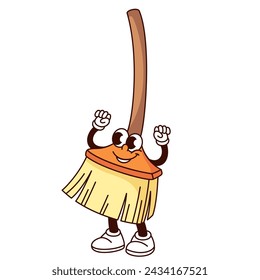 Groovy garden broom cartoon character with fists up. Funny retro besom with long handle, gesture of strength and victory. Garden tool mascot, cartoon broom sticker of 70s 80s style vector illustration