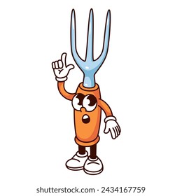 Groovy garden fork cartoon character pointing with finger up. Funny retro fork with expression of surprise on face, gardening tool mascot, cartoon sticker of 70s 80s style vector illustration