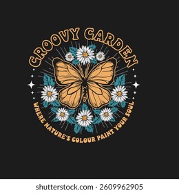 Groovy Garden nature butterfly retro vector graphic design