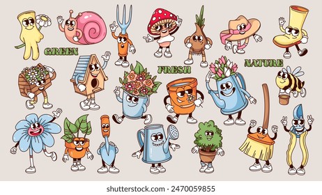 Groovy gardening tools cartoon characters and garden plants set. Funny retro garden works and nature care comic mascots collection, cartoon typography stickers of 70s 80s style vector illustration