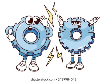 Groovy gear cartoon characters with lightning from impact energy. Funny retro broken cogwheels with big eyes afraid, repair and error mascot, cartoon gears sticker of 70s 80s style vector illustration