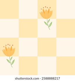 Groovy geometric seamless pattern with cute hand drawn spring flower. Trendy checkered seamless pattern in retro style