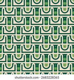 Groovy Geometric Seamless Pattern in Green and Beige Retro Style