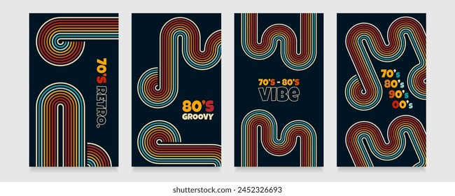 Groovy geometry 70s and 80s posters. Retro abstract backgrounds. Vintage color palette. Minimalistic linear vector prints. Trendy y2k hippie style.