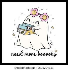 Groovy Ghost Bookish Reading Pastel Halloween carry stacked book Trendy Retro Cartoon Doodle