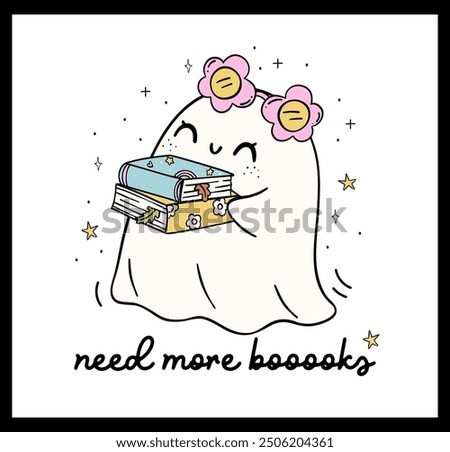 Groovy Ghost Bookish Reading Pastel Halloween carry stacked book Trendy Retro Cartoon Doodle
