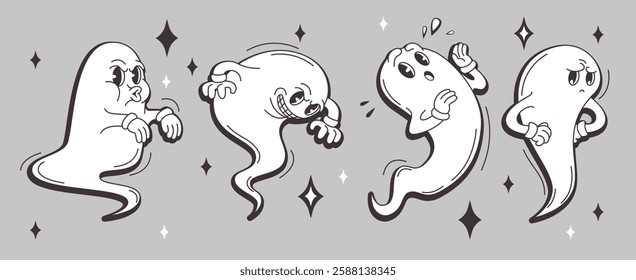 Groovy ghost characters with expressive emotions on gray backdrop. Spooky specters angry, surprised, boo frightening and upset. Retro cartoon spirits with sparkle stars for Halloween designs.