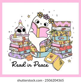 Groovy Ghost Reading Cozy Pastel Halloween Bookish Trendy Retro Cartoon Doodle