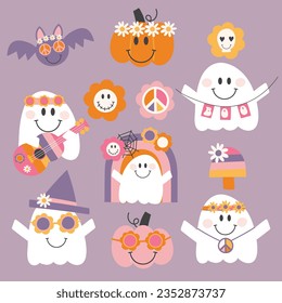 Groovy ghost vector illustrations.
Cute ghosts and pumpkins with hippie elements.
Fun and cute clipart illustrations perfect for halloween parties and crafts.
Created in a sweet colour palette