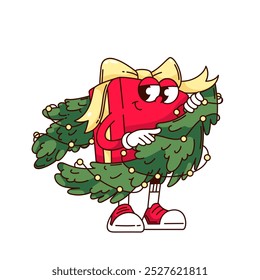 Groovy gift box cartoon character with Christmas wreath. Funny retro happy red package with bow and fir tree branch. Christmas gift, decor mascot, cartoon sticker of 70s 80s style vector illustration