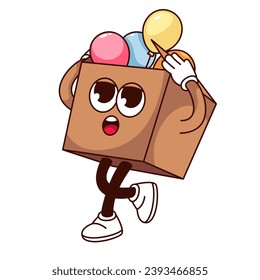 Groovy gift box character vector illustration. Cartoon isolated birthday surprise sticker of opening box with flying balloons to celebrate happy holiday, cute comic mascot with funny expression