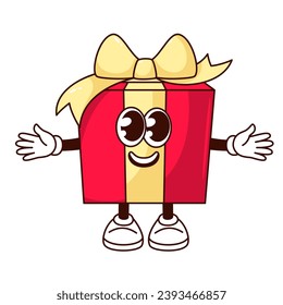 Groovy gift box character vector illustration. Cartoon isolated retro funny sticker of surprise birthday gift with cute eyes and smile on comic face, happy anniversary present package mascot with hugs