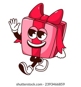 Groovy gift box character vector illustration. Cartoon isolated retro birthday or Valentines day present sticker, funny pink box with red ribbon bow and happy face walking to party and waving
