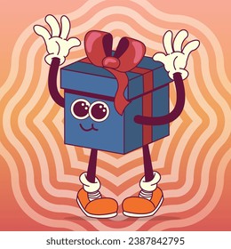 Groovy gift box in retro style. Poster for holidays or shopping. Vector illustration EPS10