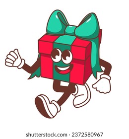 Groovy gift character vector illustration. Cartoon isolated retro Christmas mascot, present in red box with green ribbon and bow walking, gift emoji with happy smile on funny face, arms and legs